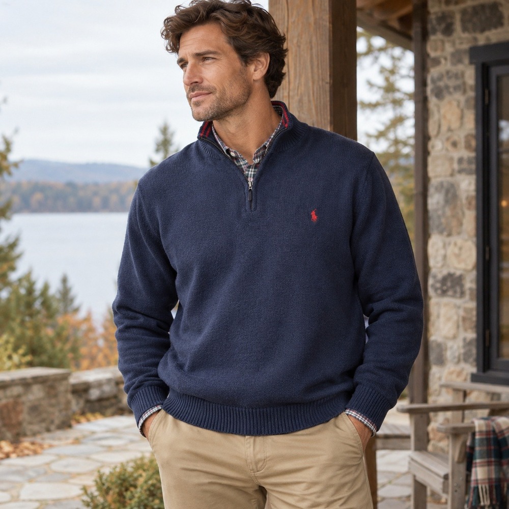 Polo Ralph Lauren Quarter Zip Sweater Cotton Navy Blue Red Pony Preppy Men's XXL